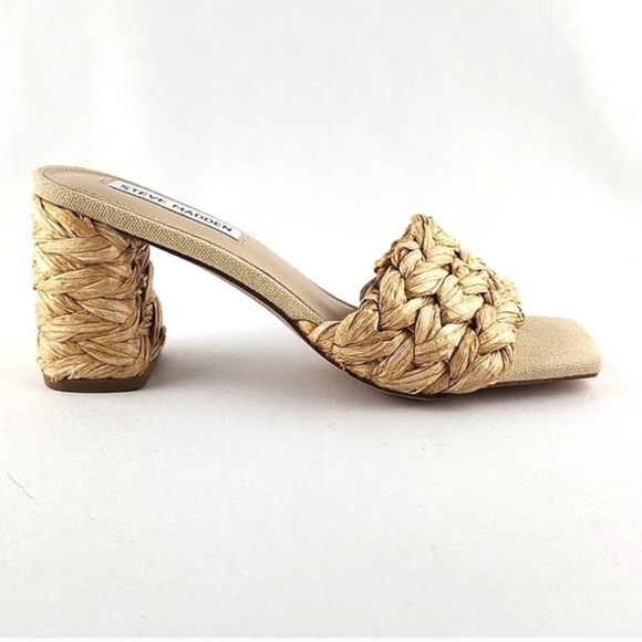 STEVE MADDEN Laveda Woven Natural Slip On Sandals Block Heel Square Toe Sz 6.5M - Picture 3 of 12